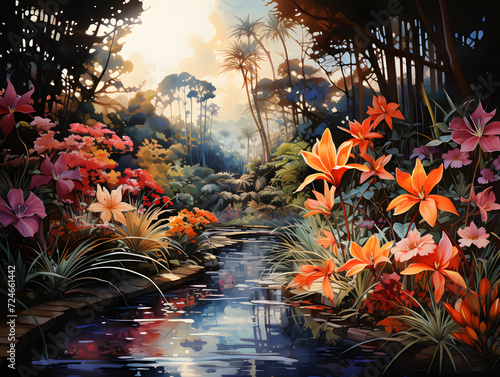 A watercolor painting of a tropical and botanical garden