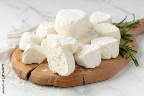 Delicious Adyghe cheese chunks on white background organic and farm fresh