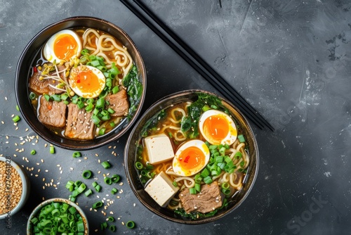 Delicious Asian ramen soup with meat broth tofu pork and egg yolk on a rustic concrete background