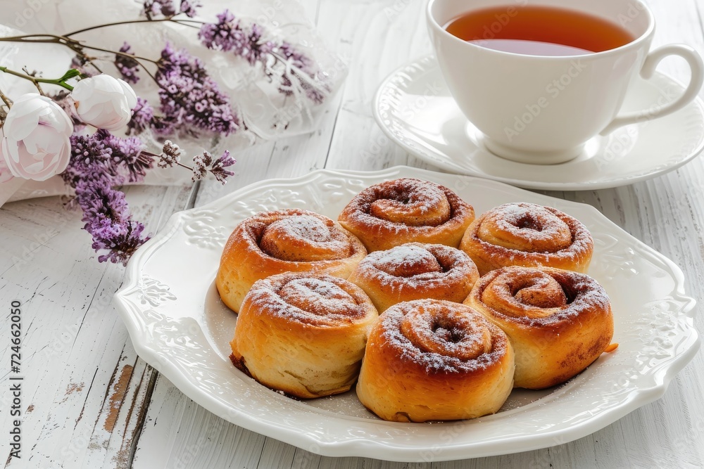 Delicious cinnamon rolls and tea sit on a white wooden table