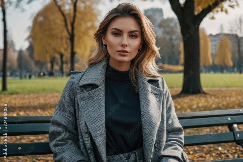 Beautiful young woman sitting on a bench in the spring or autumn coat enjoying in park outdoors, glasses, urban life. Generative AI Beautiful young woman sitting on a bench in the spring or autumn coat enjoying in park outdoors, glasses, urban life. Generative AI