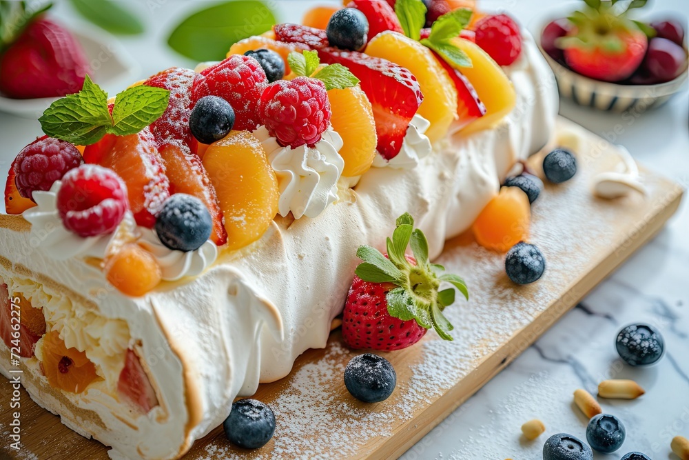 Delicious fruit filled meringue roll with cream on wooden board Delicious fruit filled meringue roll with cream on wooden board