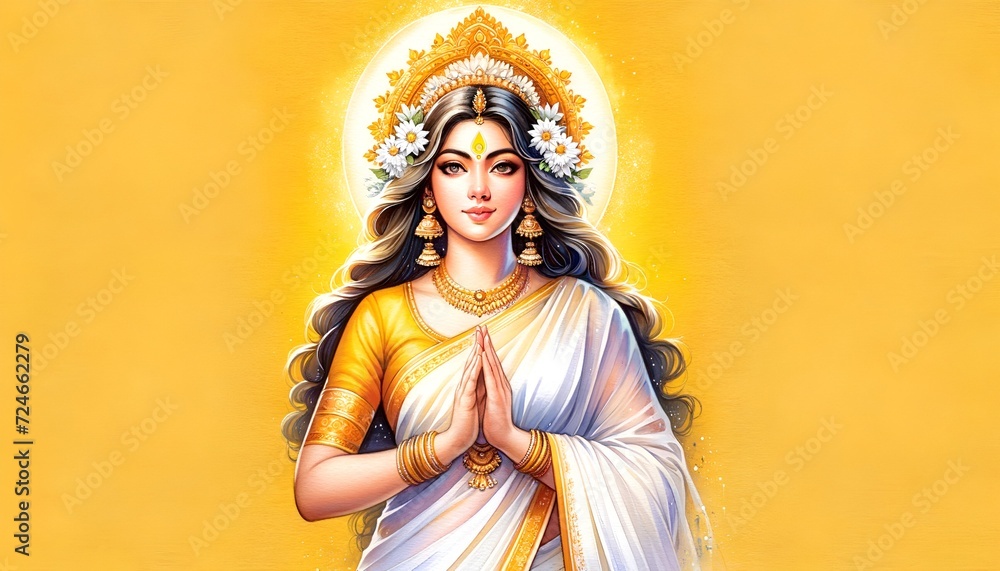 Watercolor painting illustration of goddess saraswati for vasant panchami.