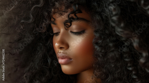 Pretty Young African American Woman with Curly Afro Hair  Fashionable Makeup and Charming Expression on Dark Background