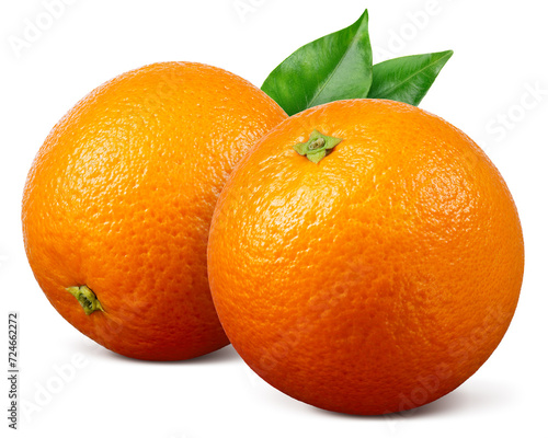 Orange isolated. Two oranges with leaf on white background. Orang fruit with leaves. Clipping path. Full depth of field.