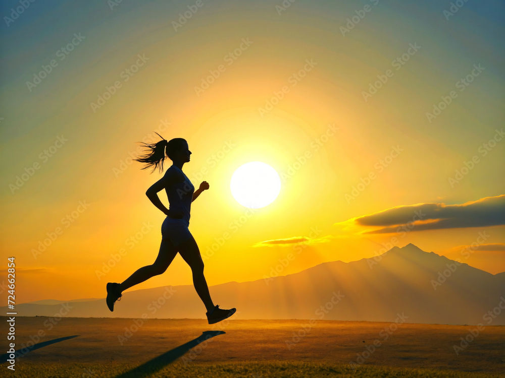 Joyful Woman Leaping in Sunset Silhouette 