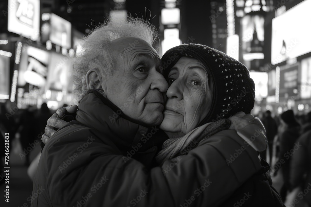 Two senior friends embracing in Times Square in New York. 