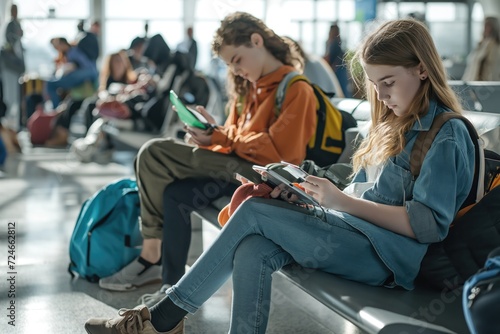 Teenagers waiting at the airport. They are playing with digital tablets and smartphones. 