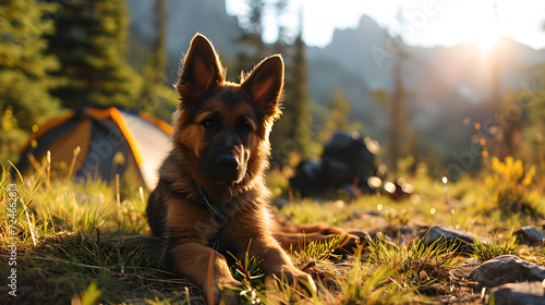 Nature's Retreat: German Shepherd Enhances Camping Lifestyle with Joy and Relaxation. Generative AI photo