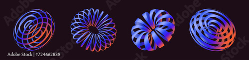 Set of techno 3d gradient figures, striped mesh torus, y2k aesthetic decorations.