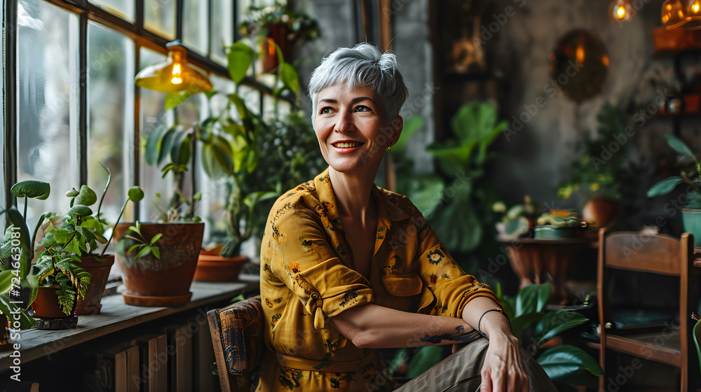 Woman with gracefully greying hair smiles while surrounded by several flowerpots in the background. ditch the dye, ageism concept, generative AI Woman with gracefully greying hair smiles while surrounded by several flowerpots in the background. ditch the dye, ageism concept, generative AI