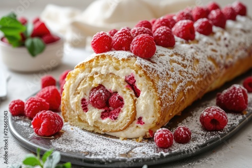 Delicious Swiss roll with cream cheese filling and fresh raspberries photo