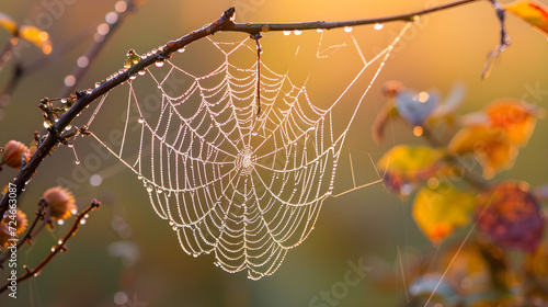 Morning dew on a cobweb on a tree branch at dawn