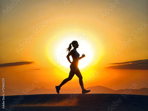 Joyful Woman Leaping in Sunset Silhouette 