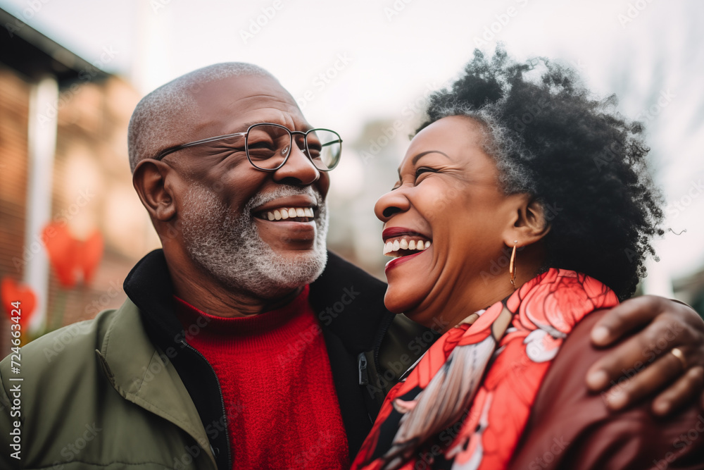 Fototapeta premium Senior mature black couple laughing and having fun outside