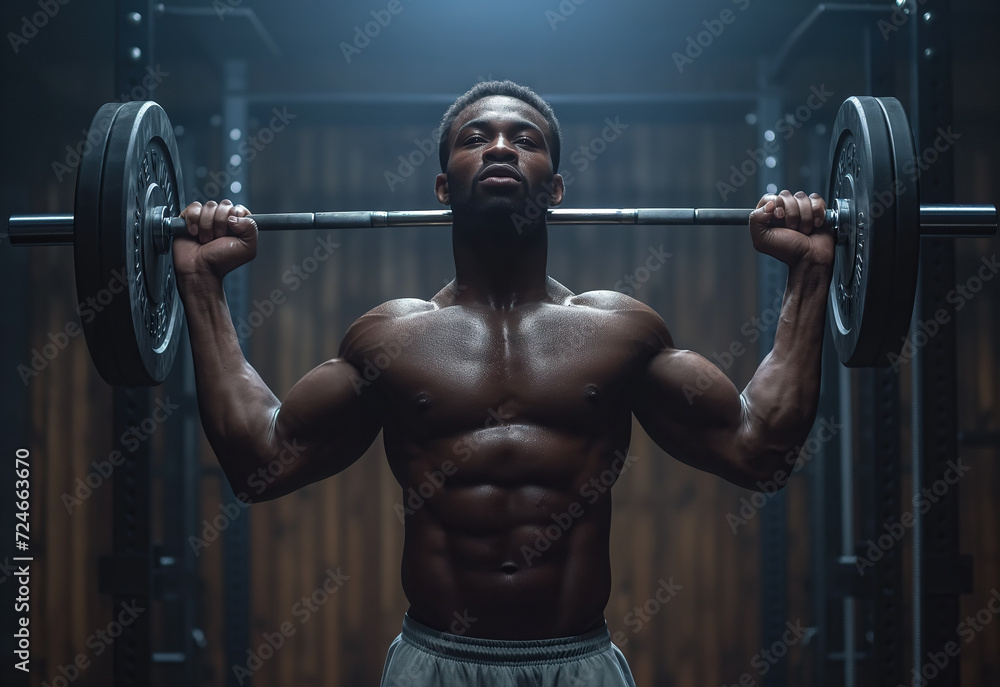 A portrait of man with barbell in the gym for fitness. Strong muscle, Bodybuilder and Male athlete weightlifting. Generative AI. A portrait of man with barbell in the gym for fitness. Strong muscle, Bodybuilder and Male athlete weightlifting. Generative AI.