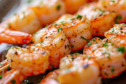 Detailed close up of delicious queen prawn skewer photo