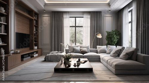 A large spacious living room in a modern style. Interior with a large gray sofa  coffee table  big windows  fireplace in front of the sofa in stylish home decor