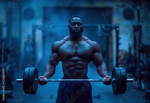 A portrait of man with barbell in the gym for fitness. Strong muscle, Bodybuilder and Male athlete weightlifting. Generative AI.