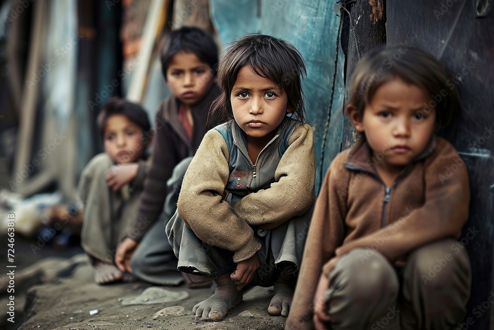 Poor, neglected, dirty children. Poverty, misery, migrants, homeless ...