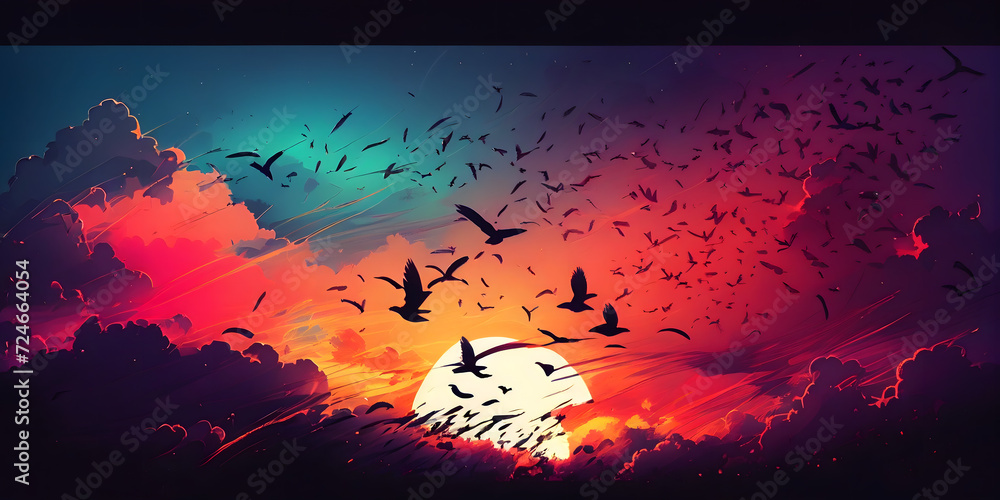 abstract beautiful peaceful summer sky background; sunrise new day and flying flock of birds. Generative AI.