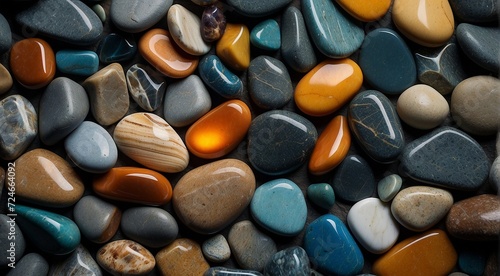 beautiful beach colored stones in the beach side with waves at the night, phosphorus stones, colored beach stones background