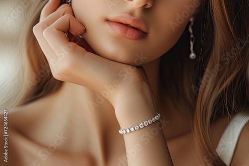 Diamond jewelry bracelet worn by young woman photo
