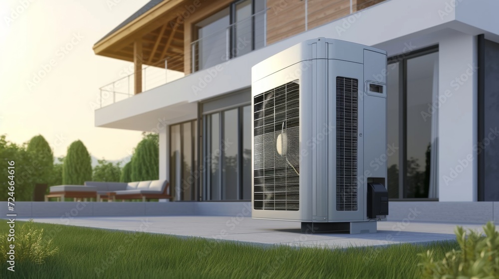 Heat pump on a modern house, Renewable Energy sources concept Heat pump on a modern house, Renewable Energy sources concept