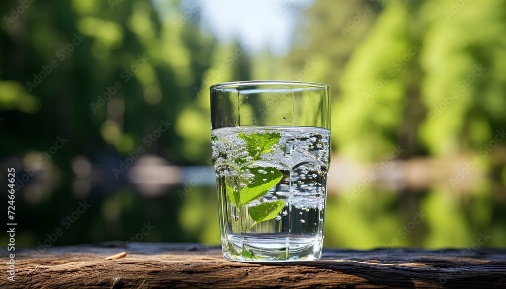 glass of water on the table. glass of water with mint in nature. closeup of glass of water surrounded by trees and blue sky. h20 closeup glass of water on the table. glass of water with mint in nature. closeup of glass of water surrounded by trees and blue sky. h20 closeup