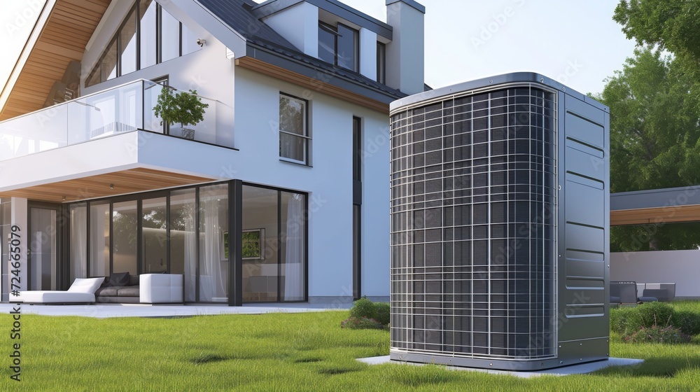 Heat pump on a modern house, Renewable Energy sources concept