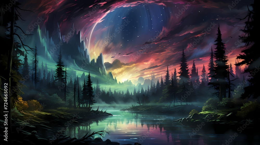 A captivating obsidian black lake nestled in a remote valley, with the night sky adorned with the shimmering beauty of the Aurora Borealis