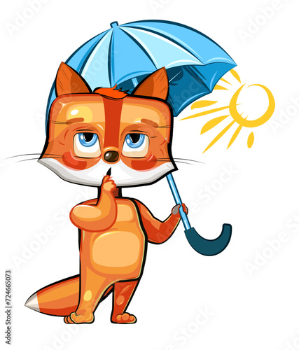 Little fox with an umbrella. But there is no rain. Animal isolated on white background. Sticker. Fun cartoon style. Vector