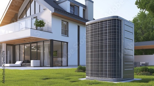 Heat pump on a modern house, Renewable Energy sources concept