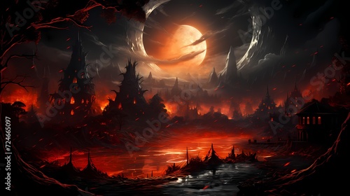A captivating obsidian black lake nestled in a volcanic crater  with the night sky ablaze with the fiery glow of an active volcano in the distance