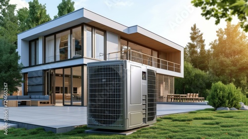 Heat pump on a modern house, Renewable Energy sources concept