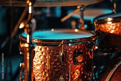 Drum set illuminated by spotlight in a dark room representing rock or jazz drums Copper plates on cold backdrop photo
