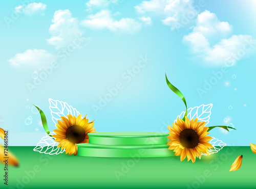 Beautiful background with sunflowers. Green stage with yellow flowers.