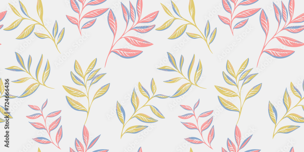 The trendy minimalist stems leaves pattern is scattered randomly. Simple light background with abstract garden leaf branches. Vector hand drawn. Template for design, textile, fashion, print, fabric The trendy minimalist stems leaves pattern is scattered randomly. Simple light background with abstract garden leaf branches. Vector hand drawn. Template for design, textile, fashion, print, fabric