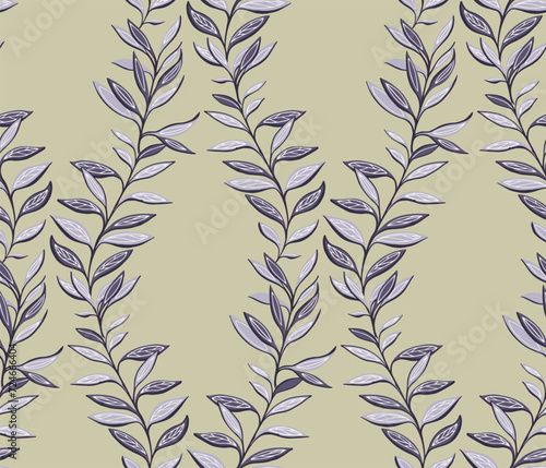 Stylized abstract leaves stem intertwined in a seamless pattern on a olive background. Tropical, creative, grey bracnhes leaf printing. Vector hand drawn illustration. Template for design, fashion