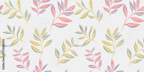 The trendy minimalist stems leaves pattern is scattered randomly. Simple light background with abstract garden leaf branches. Vector hand drawn. Template for design, textile, fashion, print, fabric