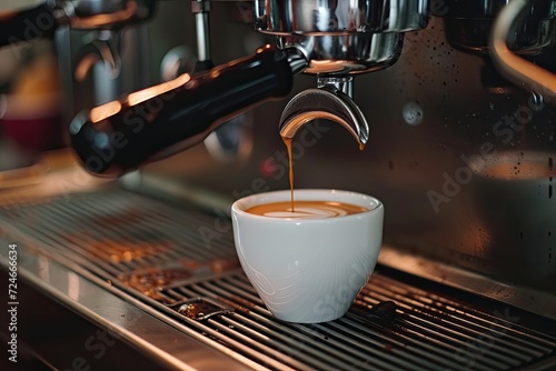 Espresso machine pours robust fresh coffee into ceramic cup