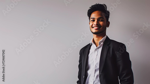 Portrait of a young confident smiling Indian man wearing black blazer isolated on light gray background. copy space for text