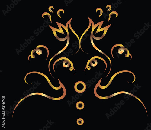 Graphic symmetrical fantasy pattern with swirls and circles. Golden gradient. Scroll pattern on black background