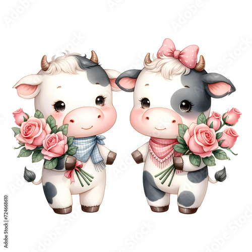 Adorable Cow Couple Exchanging Roses for Valentine s Day.