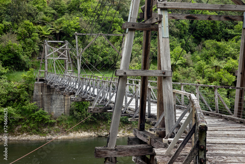 harp suspension bridge, tauranga bridge, nieuw zeeland, tauranga  waioeka gorge, waioeka river, waioeka scenic reserve, forest and riverbed, highway 2, new zealand, cables,  photo