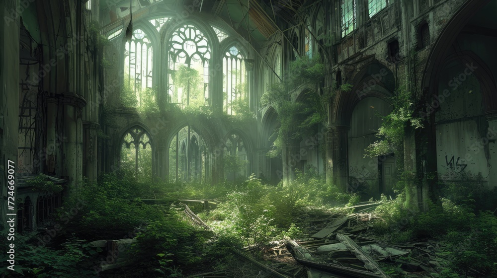 Dark abandoned gothic church in the forest