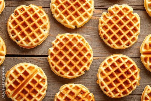 Freshly baked waffle on wooden background seen from above photo