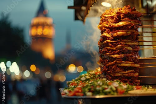Flavors of Istanbul: Immerse Yourself in the Street Food Scene as a Vendor Showcases the Döner Kebab with Galata Tower as the Timeless Backdrop, Blending Bold Turkish Flavors and Cultural Richness.

 photo