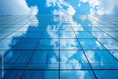 Glass skyscraper reflecting blue sky and clouds upwards view