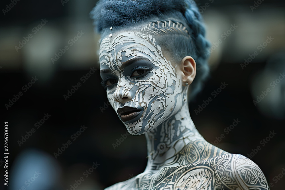 Enigmatic Elegance: A Mesmerizing Portrait of a Woman Adorned With Blue Locks and Ethereal White Face Paint.
